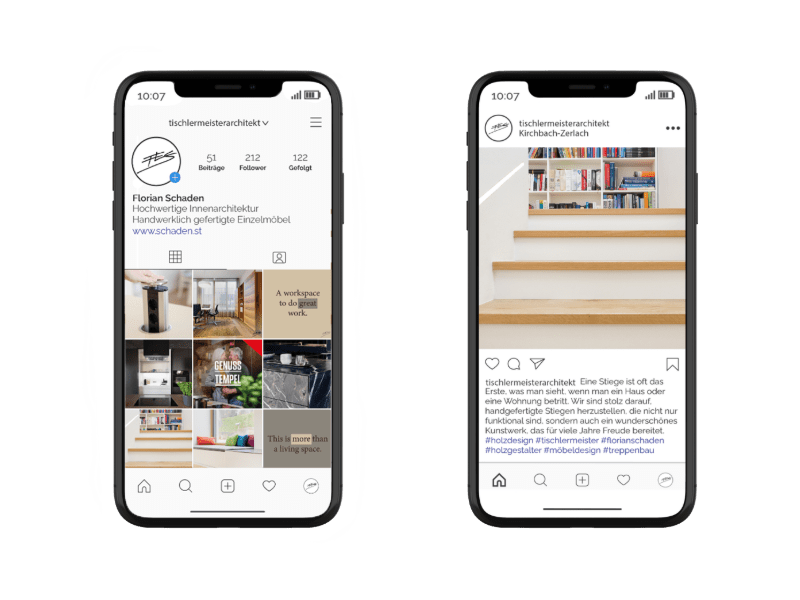 Visualisierung der Content-Strategie und Grafikelemente für den Instagram-Auftritt der Tischlerei Schaden