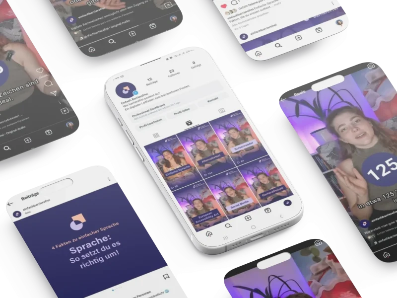Ein Mockup-Design, das verschiedene barrierefreie Social-Media-Posts auf einem Smartphone-Display zeigt, gestaltet für das Projekt Einfach BarriereFrei.