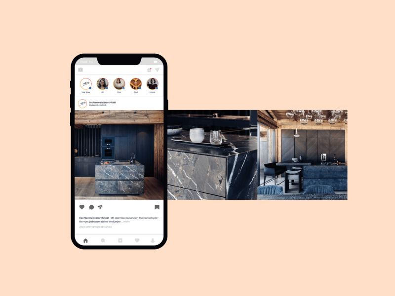 Mockup-Darstellung des Social-Media-Feeds und verschiedener Post-Designs für die Tischlerei Schaden